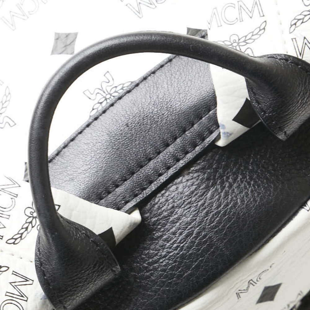 MCM Visetos Logogram Studded Rucksack Backpack White Black Leather - Picture 4 of 11